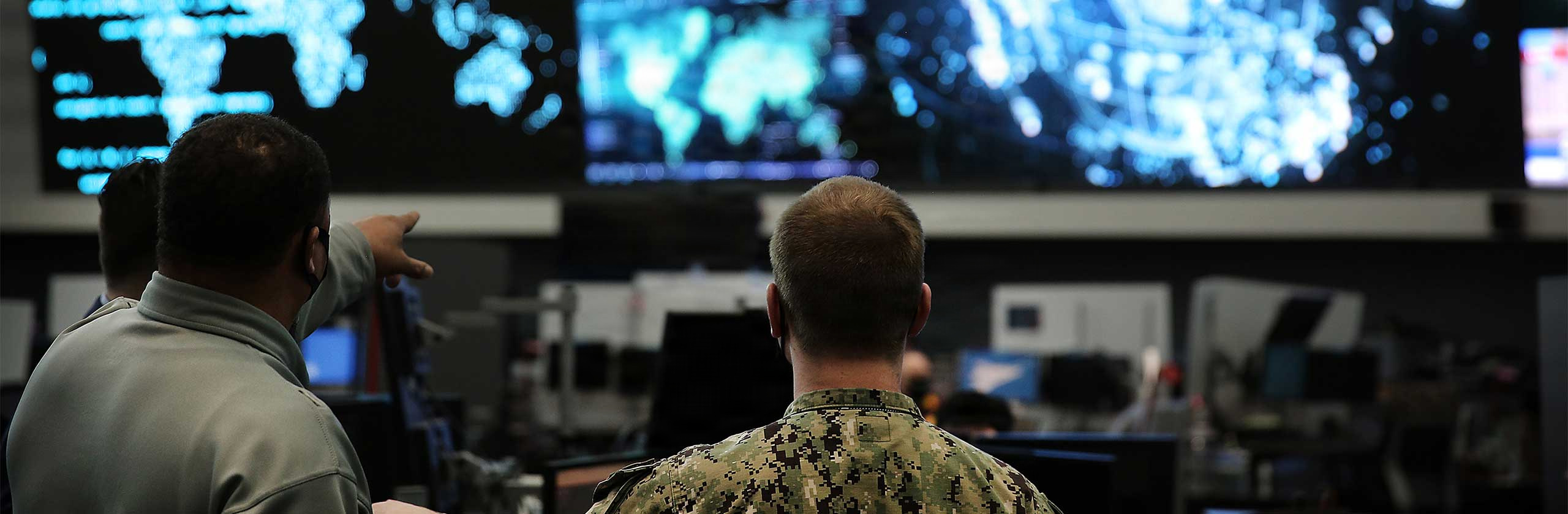 U.S. Cyber Command members work in the Integrated Cyber Center, Joint Operations Center at Fort George G. Meade, Md., April. 2, 2021.