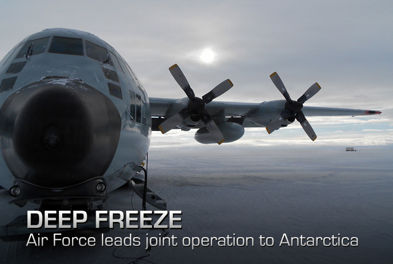 An LC-130 Hercules waits on the ice at McMurdo Station, Antarctica, Nov. 21, 2011, after returning from a scheduled Operation Deep Freeze re-supply mission to Amundsen-Scott South Pole Station. Operation Deep Freeze provides airlift support to the National Science Foundation, which manages the United States Antarctic Program.